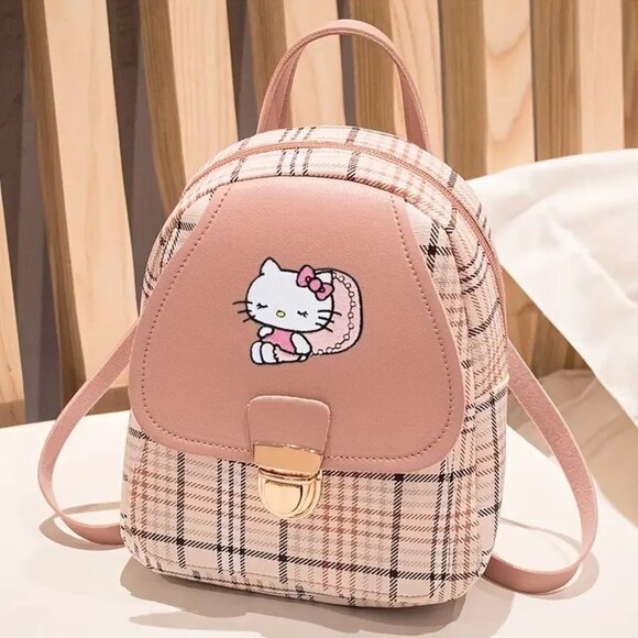 Hello Kitty Pink Plaid Mini Backpack Purse Cute Cartoon Bag - Picture 1 of 3